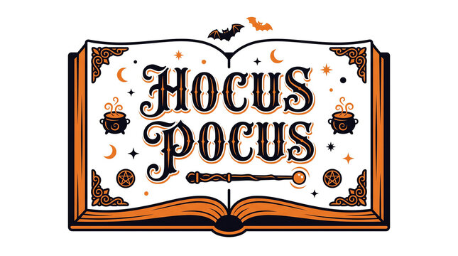 Vintage hocus pocus spellbook illustration with ornate design and halloween theme