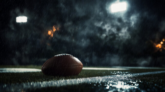 An American football placed on the grass field during a rainy night game, with bright stadium floodlights reflecting on the wet turf, creating a moody and cinematic sports scene.
