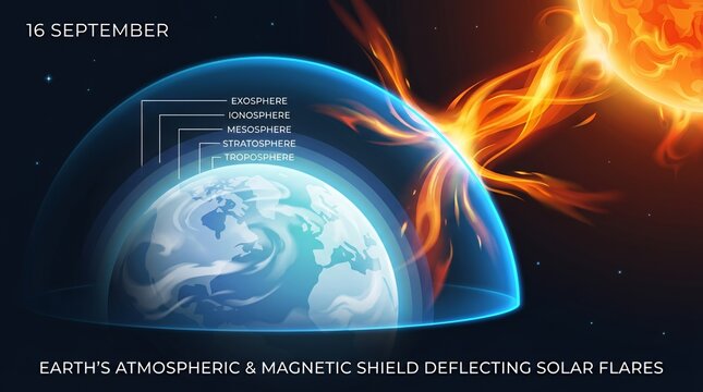 Earth magnetic field protecting planet from solar flare radiation.