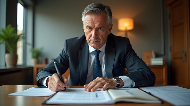A focused Caucasian senior businessman signs documents at his desk, exuding professionalism and diligence in a modern office.