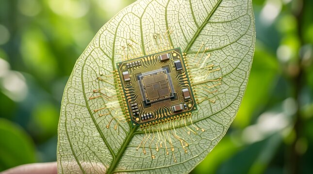 Microchip on a green leaf representing sustainable green technology