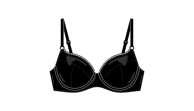 Black brassiere technical flat sketch vector template with adjustable shoulder straps and underwire cup details