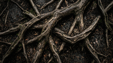 Fototapeta premium Intricate gnarled tree roots spreading across dark damp forest soil