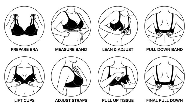 Step by step bra fitting guide icon set showing measurement band adjustment cup position and strap tension