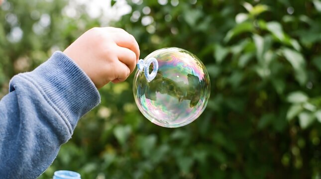 Young boy blowing a large iridescent bubble in a lush green backyard garden