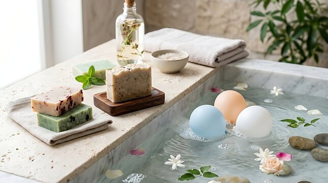 Artisan soap bars and bath bombs floating in tranquil spa water