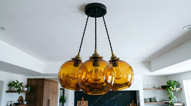 Modern amber glass pendant light fixture | Industrial style kitchen island lighting | Decorative warm glow ceiling lamp | Triple globe chandelier home decor