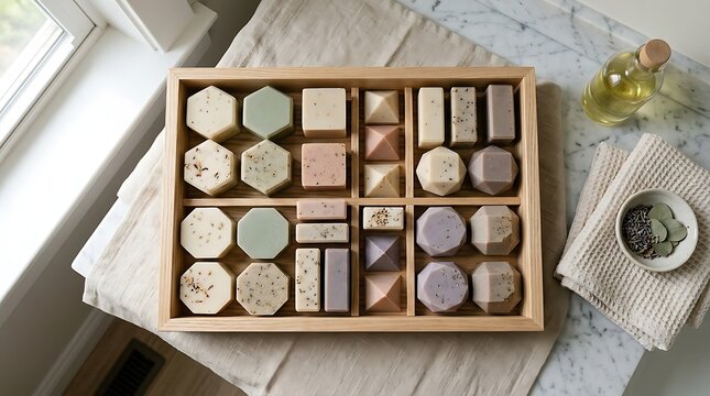 Artisan soaps arranged in a wooden tray with oil and herbs
