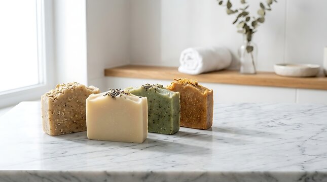 Artisan soaps arranged on a marble countertop with a clean white towel in the background