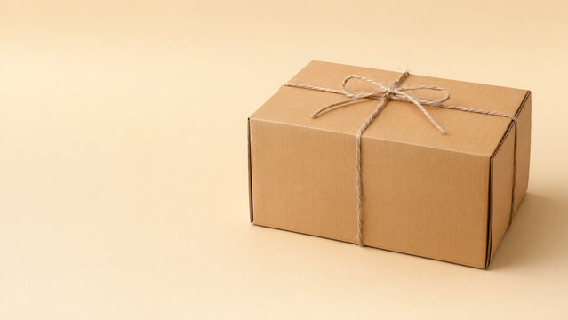 Cardboard parcel tied with string on beige background