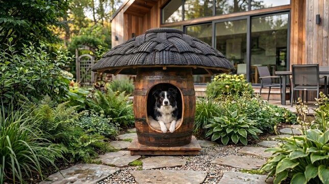A Border Collie inside a doghouse made from a repurposed barrel, featuring a mushroom-shaped roof made from a recycled tire.