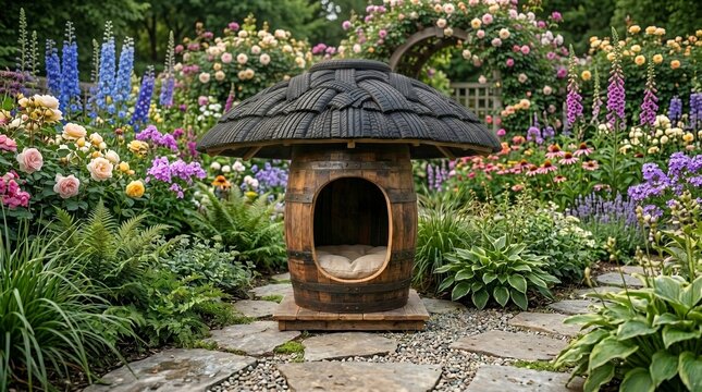Doghouse made from a repurposed barrel with a mushroom-shaped roof made of a recycled tire, located in a garden.