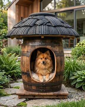 Doghouse made from a repurposed barrel with a mushroom-shaped roof made of a recycled tire.