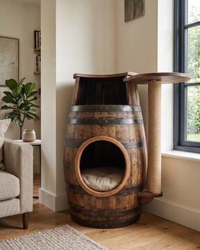 Cat house and playground made from a recycled wooden barrel.