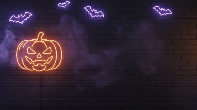 Vibrant Halloween neon background loop in 1080p with glowing electric signs, spooky jack-o-lantern outlines and buzzing cyber punk light grid for modern