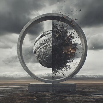 A surreal scene of a large stone sphere, half intact and half exploding, suspended inside a circular concrete frame in a barren landscape under cloudy skies.