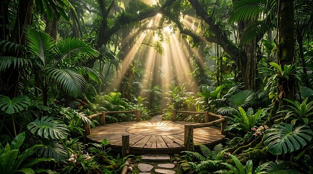 Wooden circular platform in a lush jungle with dramatic sunbeams filtering through canopy image photo