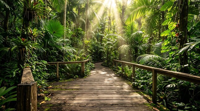 Wooden boardwalk winding through a lush tropical rainforest with sunbeams rainforest, jungle, path, boardwalk, wooden, tropical, nature