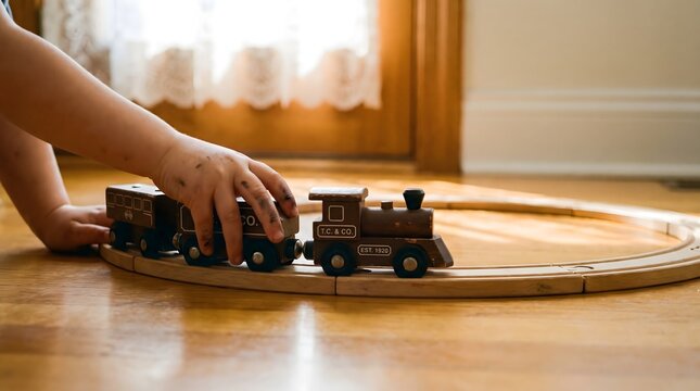 Childs hands playing with a wooden train set on a light wood floor near a window