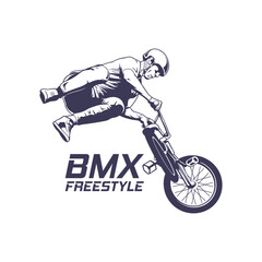 Fototapeta premium Extreme BMX Freestyle Rider Vector Logo Illustration. Perfect for BMX club logos, skatepark branding, event badges, t-shirt prints, decals, and extreme sports.