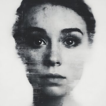 A monochrome digital portrait of a woman with glitch effects distorting her face, blending realism and abstract digital art.