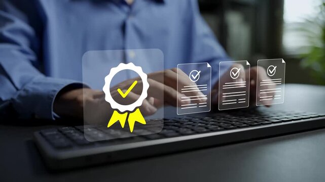 Quality control with verified documents concept. Person typing keyboard with checkmark, stamp and document icons, compliance audit, standard assurance and digital document verification.