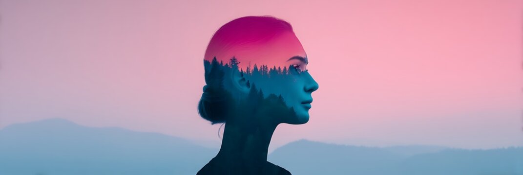 A double exposure image of a woman"s profile merged with a forest silhouette against a pink and blue gradient sky.