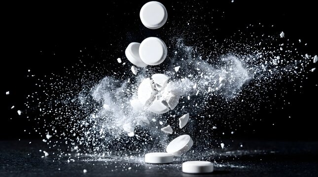 White round medical pill exploding into fragments against black background
