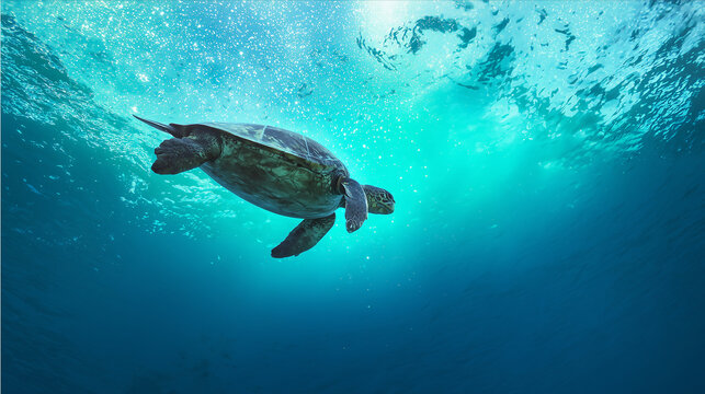 An majestic green sea turtle swimming towards the light in the deep blue ocean, symbolizing freedom and the tranquility of underwater life in a vast, pristine marine world.