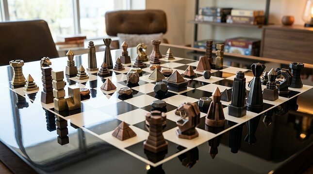 Strategic board game pieces arranged on a highly reflective checkered surface capturing sleek mirror reflections chess composition chessmen glossy board background game strategy piece pawn king queen