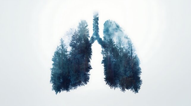 A double exposure image blending human lungs with a dense forest, symbolizing nature's connection to breath and life.