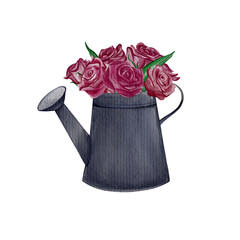 Watercolor vintage watering can with roses bouquet © penelope