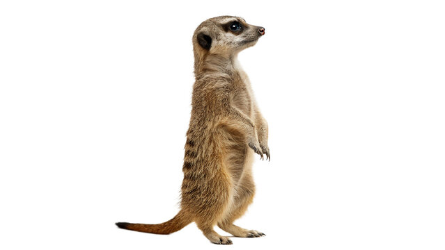 Cute little meerkat suricate standing and looking ahead isolated on white background