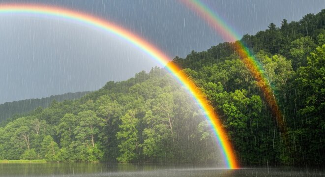 A vivid double rainbow arcs over a lush green forest and tranquil lake during a rain shower