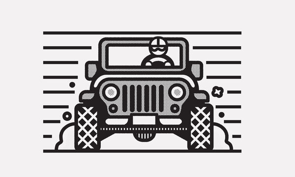Retro Off Road 4x4 Vehicle Front View &ndash; Black and White Vector Illustration