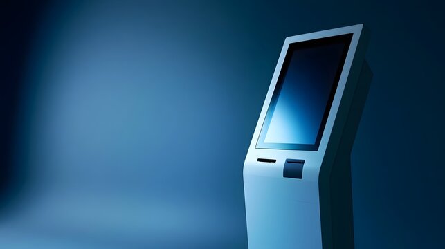 Modern self service kiosk with touch screen display and card reader under soft blue lighting
