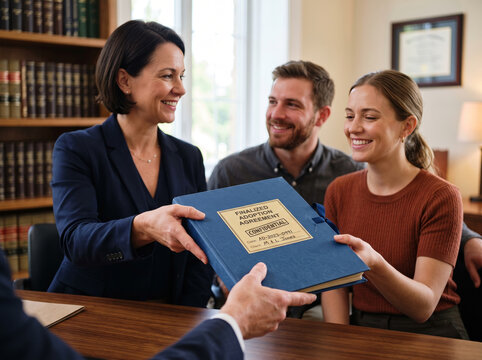 Female lawyer handing blue adoption dossier folder to smiling couple