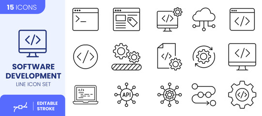 Obraz premium Software Development Line Icon Set, Programming and Coding Symbols Vector Illustration with Editable Stroke
