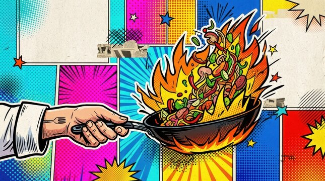 Chef's hand holding a pan with food in flames presented in a comic book style food banner