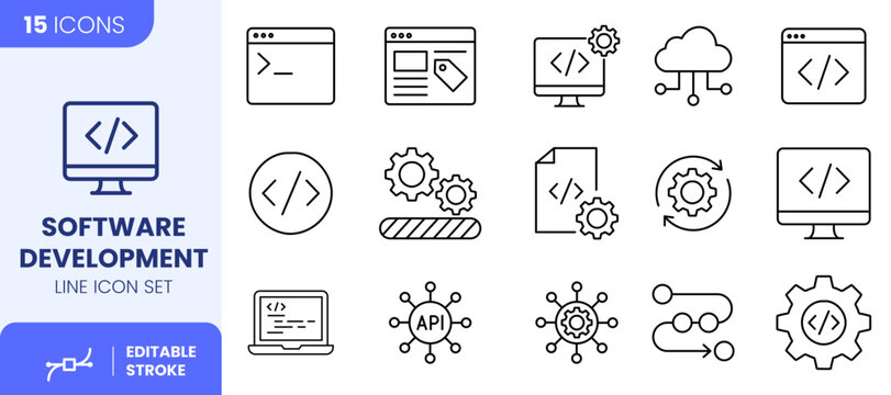 Software Development Line Icon Set, Programming and Coding Symbols Vector Illustration with Editable Stroke