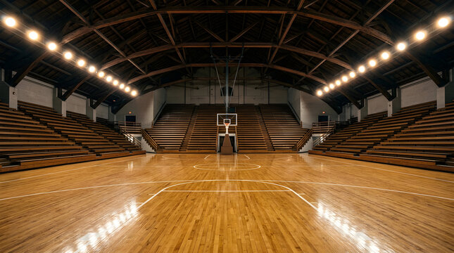 Empty indoor basketball court with wooden floor and bleachers under bright overhead lights