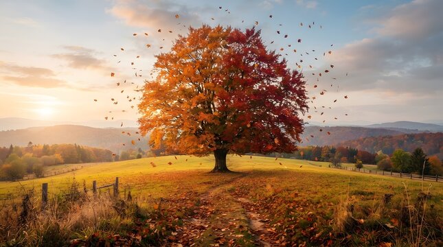 Lone autumn tree with winding path in golden field at sunset
