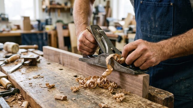 Woodworker using a traditional metal hand plane to smooth a wooden board and create curled wood shavings in a carpentry workshop.