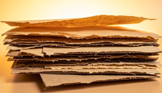 Stack of old brown paper sheets on wooden surface.