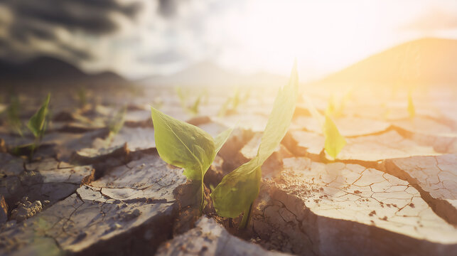 Close-up of a small plant emerging from severely cracked, arid earth, highlighting the strength of life and the stark beauty of nature attempting to overcome desertification.