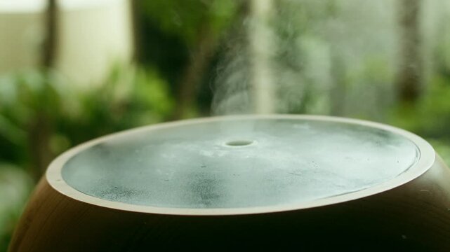 Close up Wood Grain Aroma Diffuser Releasing Steam by a Window.