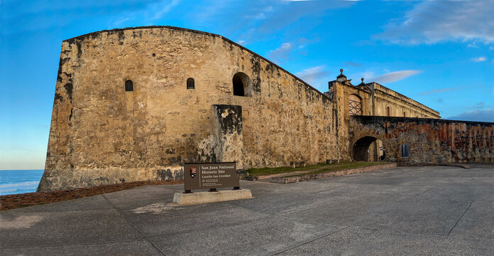 San Juan, Puerto Rico: San Juan National Historic Site, Castillo San Crist&oacute;bal National Park Service Sign. Largest Spanish fortress built in the Americas. Ramp at Plaza Norzagaray. 