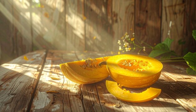 Freshly Sliced Cantaloupe Melon on Rustic Wooden Table.