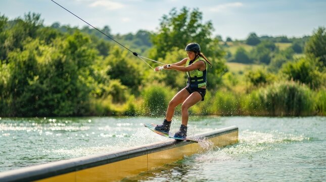 Young woman wakeboarding and grinding on a rail in a lake
