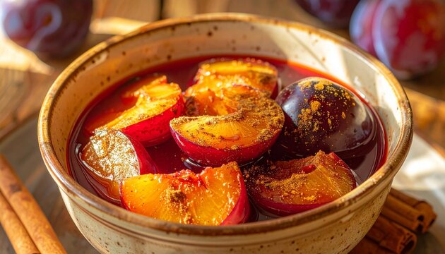 Freshly Cooked Plums in a Rustic Bowl with Spices.
